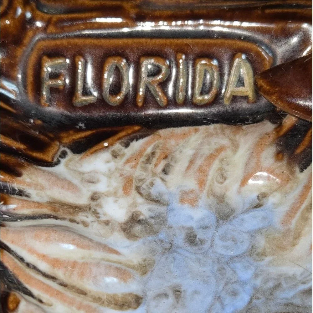 Vintage Brown Glazed Dolphin Topped Florida Souvenir Dripware Ashtray 7